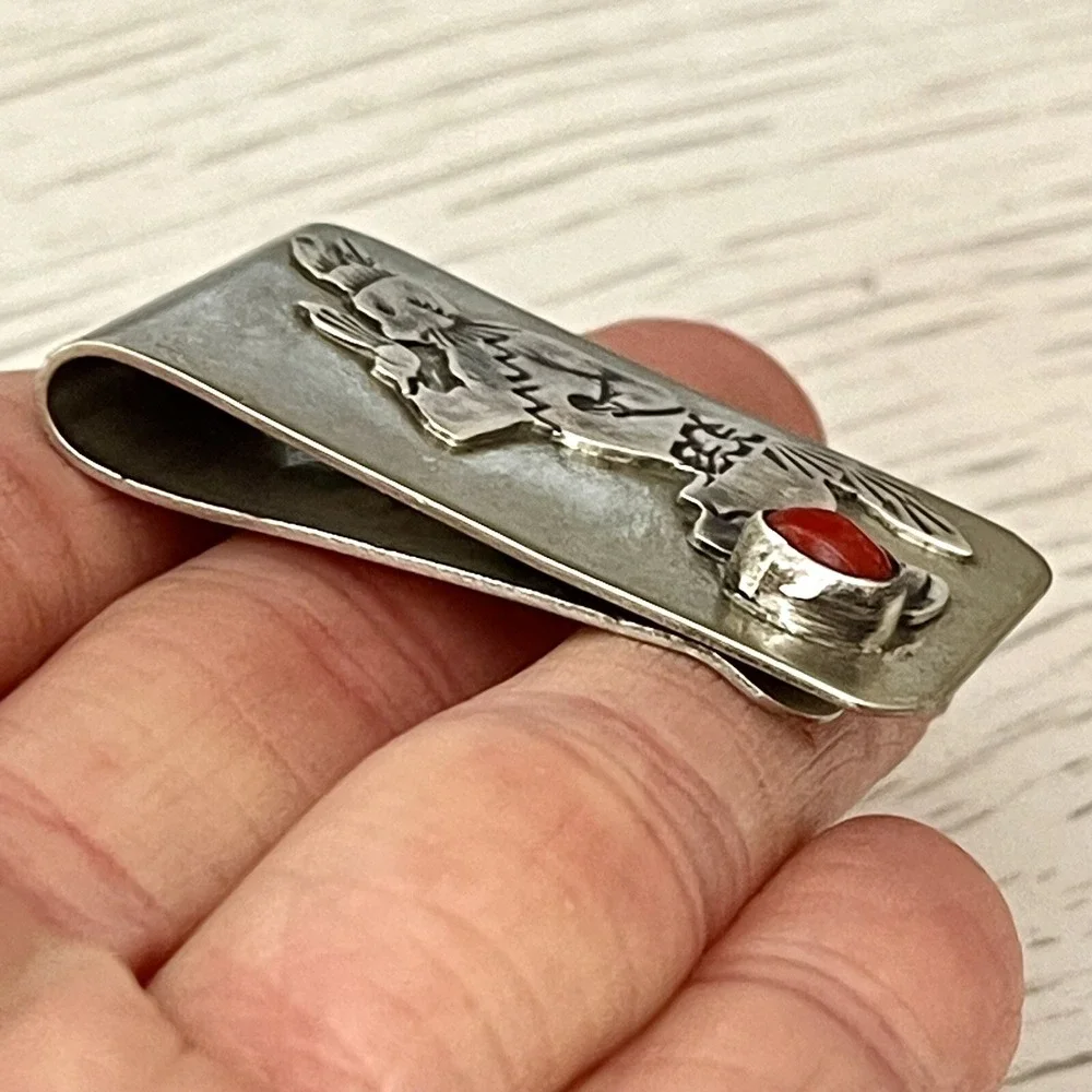 Kachina Fox Dancer‎ Coral Money Clip Sterling Hopi VTG Native Amer Turquoise